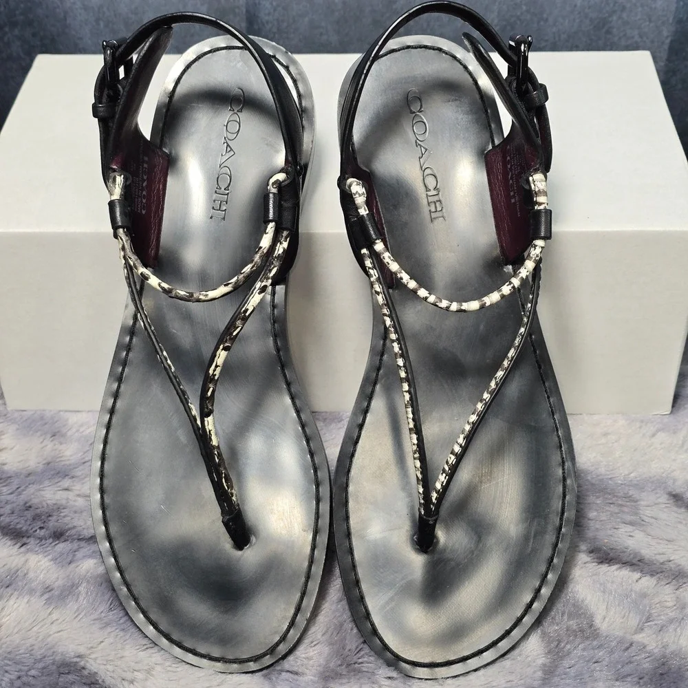 NWB Coach Clarkson Flat Strappy‎ Thong Sandals in Black & White Buckle SZ 8